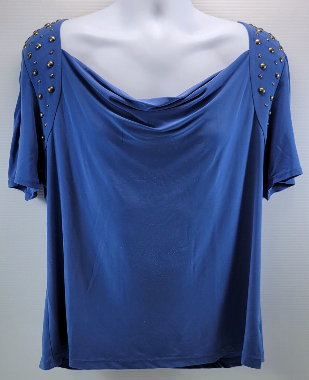 a3) Notations Woman Blue Short Sleeve Shirt Studded Top Blouse XL